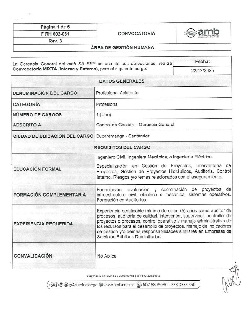 Convocatoria Interna y Externa Profesional Asistente Control de Gestion page 0001