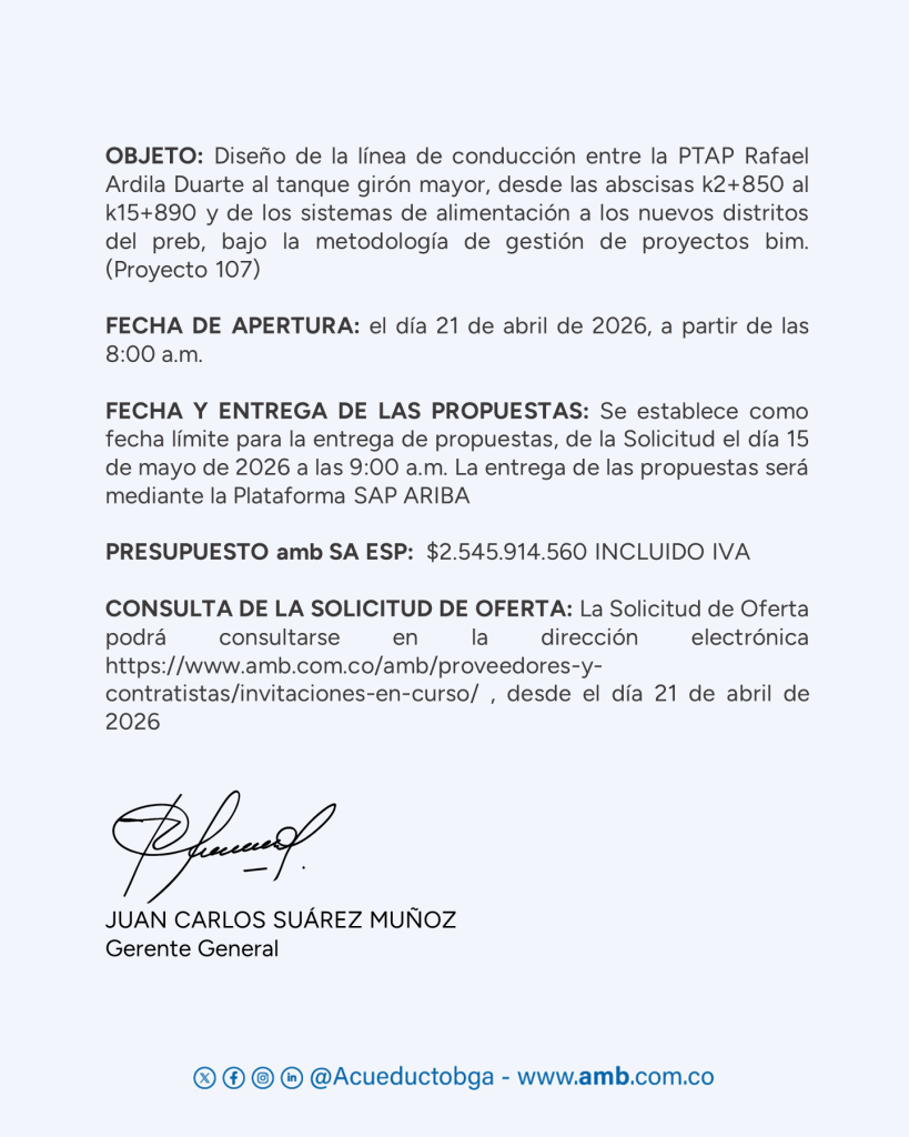 Diseño de la línea de conducción entre la PTAP Rafael Ardila Duarte al tanque girón mayor, desde las abscisas k2+850 al k15+890 y de los sistemas de alimentación a los nuevos distritos del preb, bajo la metodología de gestión de proyectos bim. (Proyecto 107)
