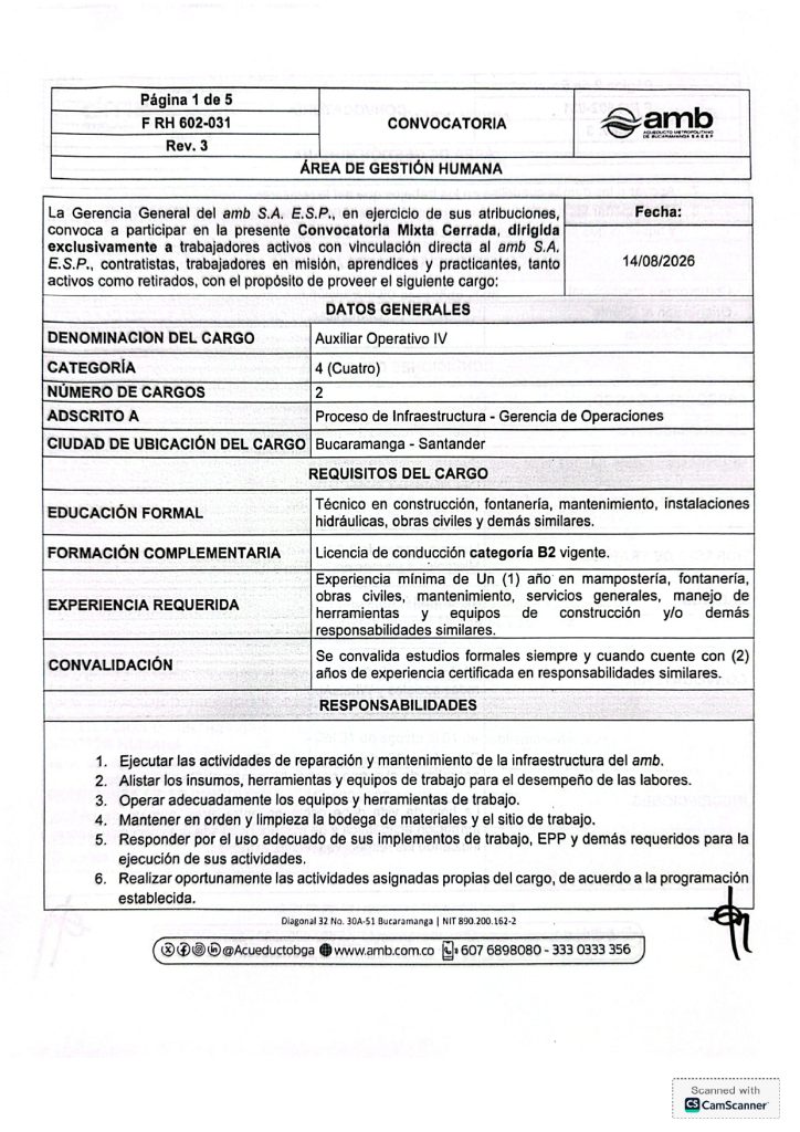 Convocatoria Interna y Externa Auxiliar Operativo IV Infraestructura page 0001