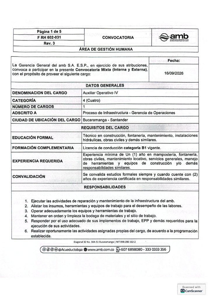 Convocatoria mixta Auxiliar Operativo IV Infraestructura page 0001