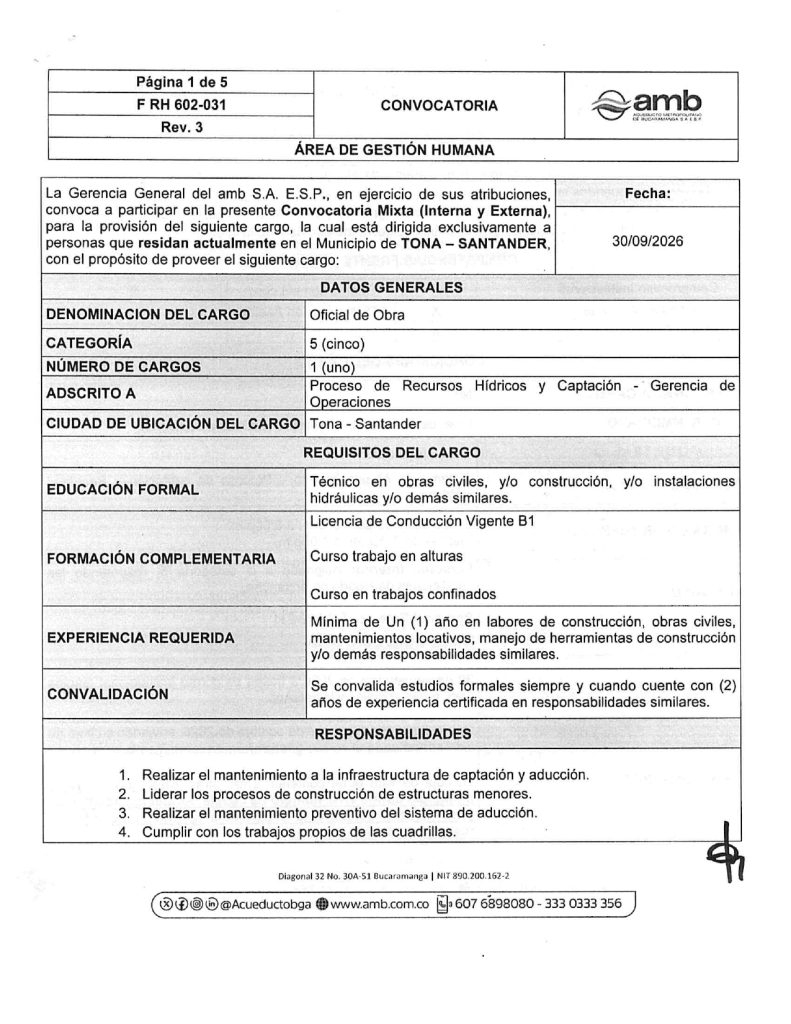 Convocatoria mixta Oficial de Obra Captacion page 0001