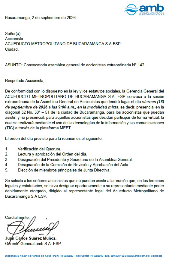 Convocatoria Asamblea General de Accionistas Extraordinaria No.142 2 convocatoria142