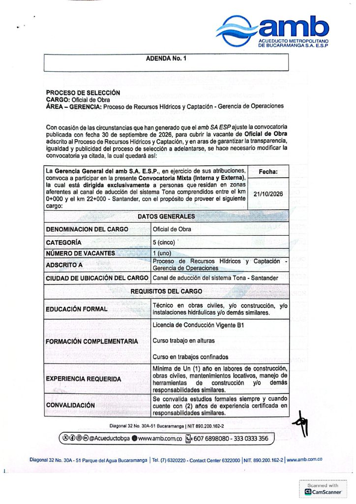 Adenda No. 1 Convocatoria interna y externa Oficial de Obra Captacion Tona Santander page 0001