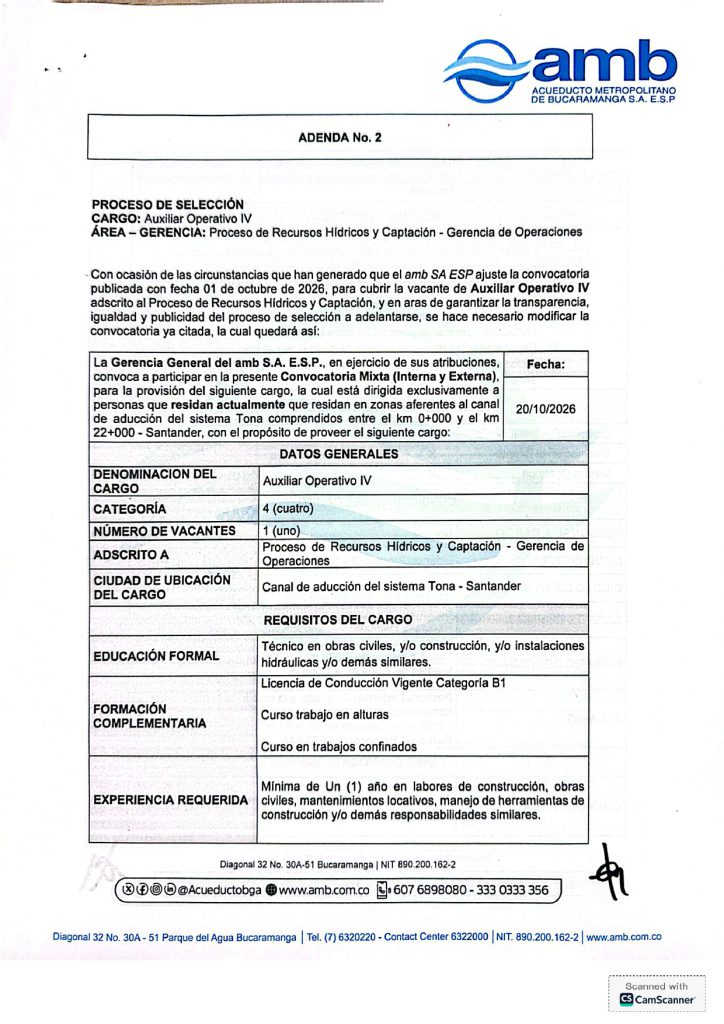 Adenda No. 2 Auxiliar Operativo IV Captacion Tona Santander page 0001