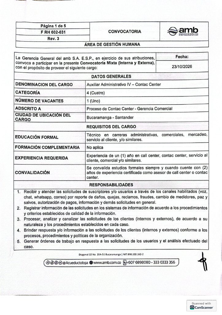 Auxiliar Administativo IV Contac Center page 0001