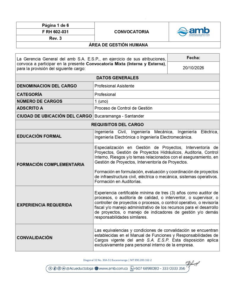 Convocatoria interna y externa Profesional Asistente Control de Gestion page 0001